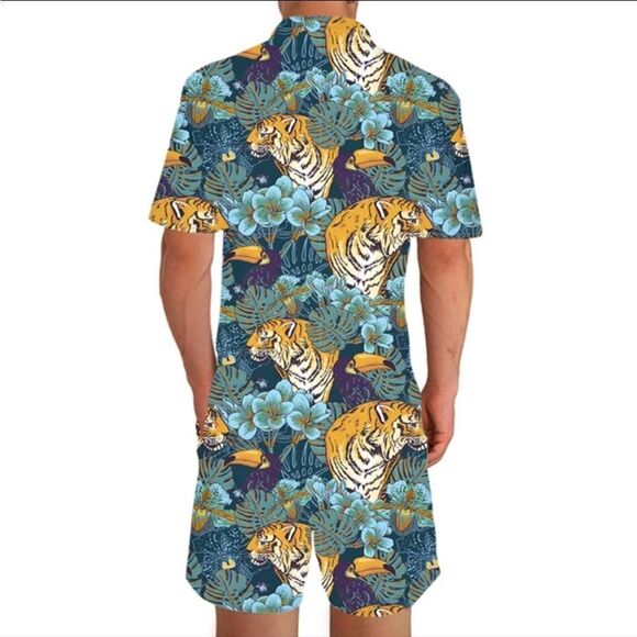 Tunevuse Men's Tropical Tigers And Toucans Button Down Shirt And Shorts Size S - Picture 3 of 15